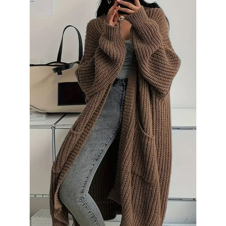 Women's Long Chunky Cardigan in Brown, front view