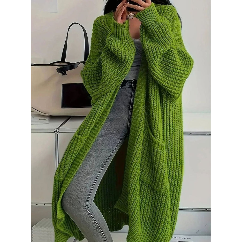 Women's Long Chunky Cardigan in Olive, front view