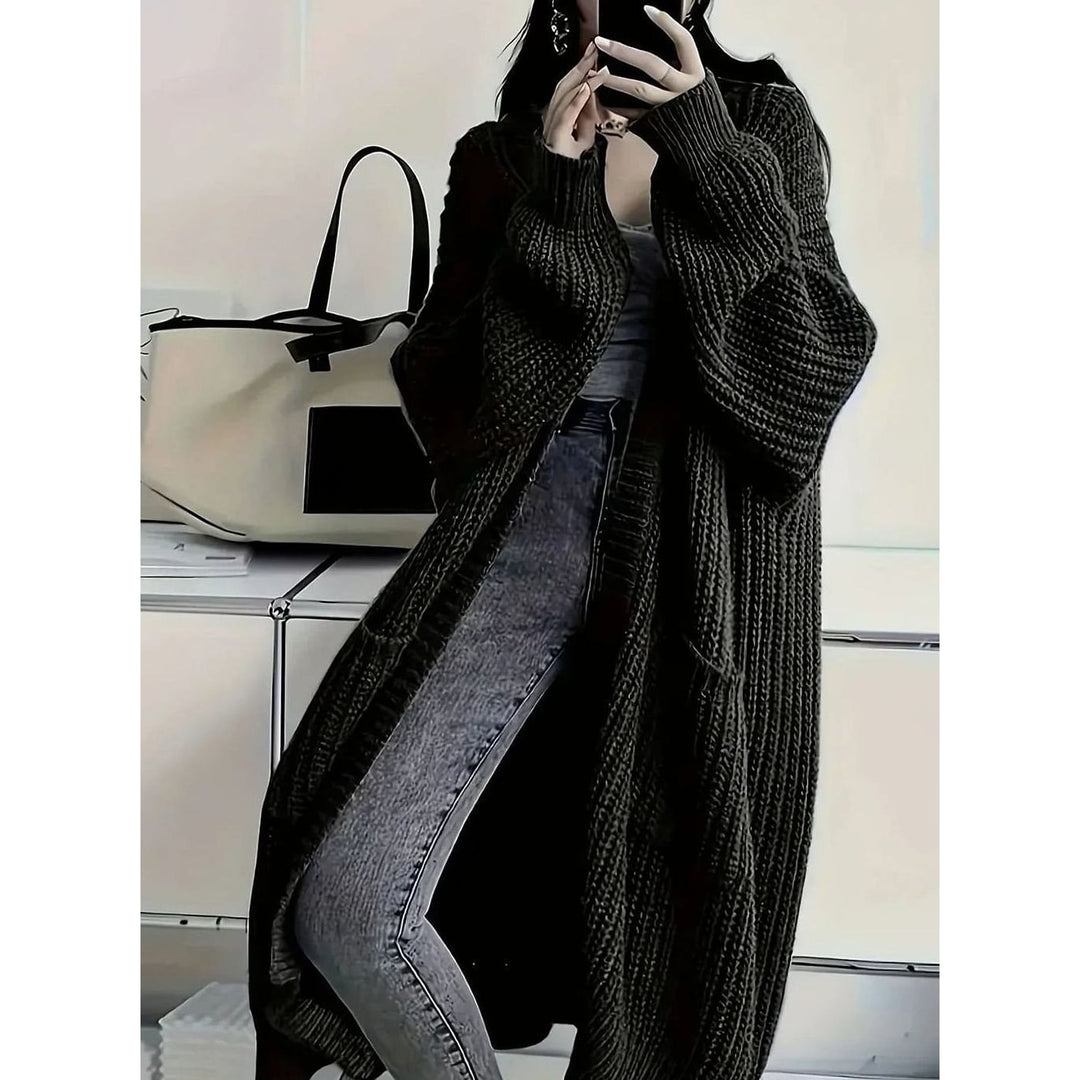 Women's Long Chunky Cardigan in Black, front view
