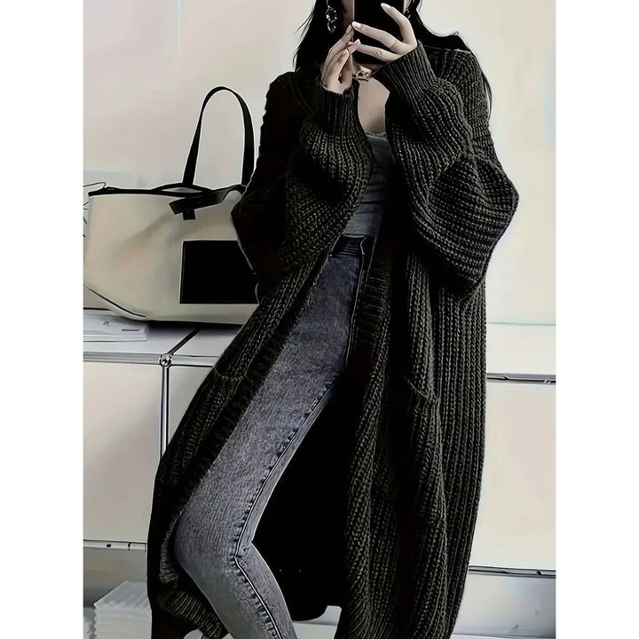 Women's Long Chunky Cardigan in Black, front view