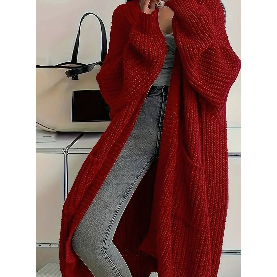 Women's Long Chunky Cardigan in Red, front view