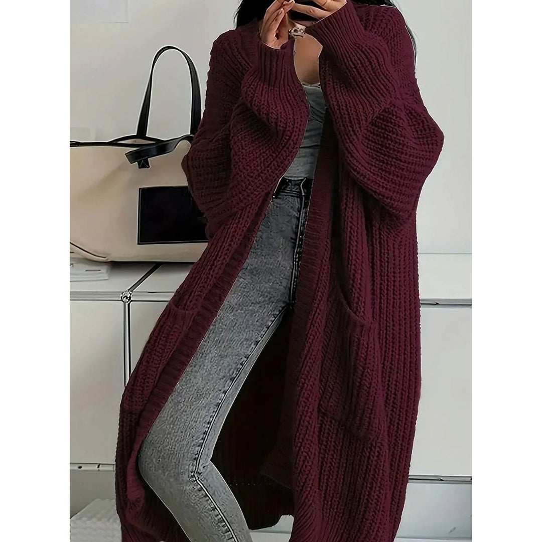 Women's Long Chunky Cardigan in Burgundy, front view