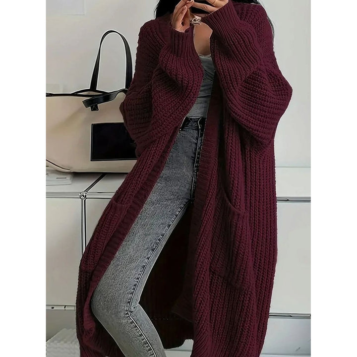 Women's Long Chunky Cardigan in Burgundy, front view