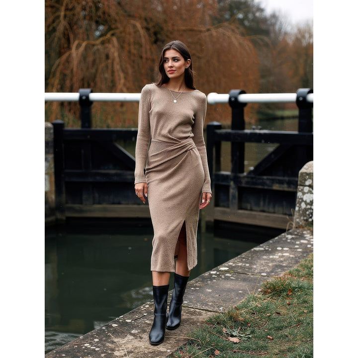 Women's Ruched Midi Dress in Brown, front view
