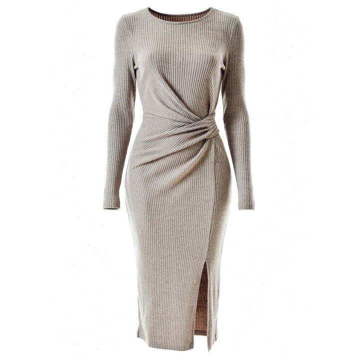 Women's Ruched Midi Dress in Taupe, front view
