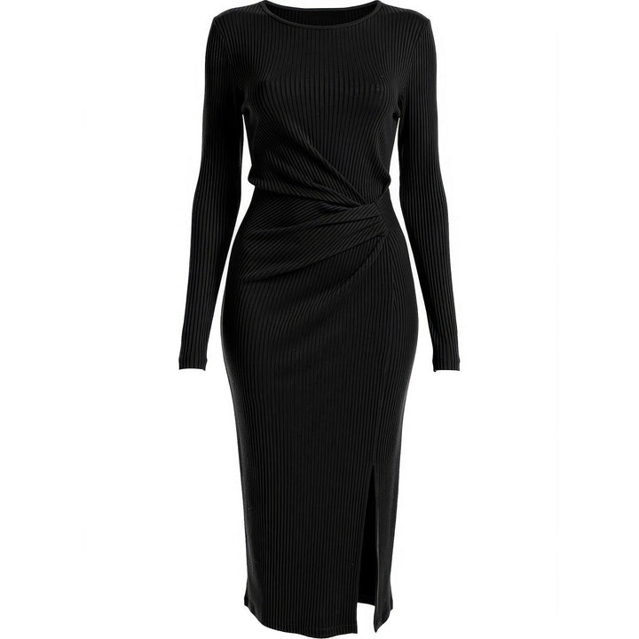 Women's Ruched Midi Dress in Black, front view